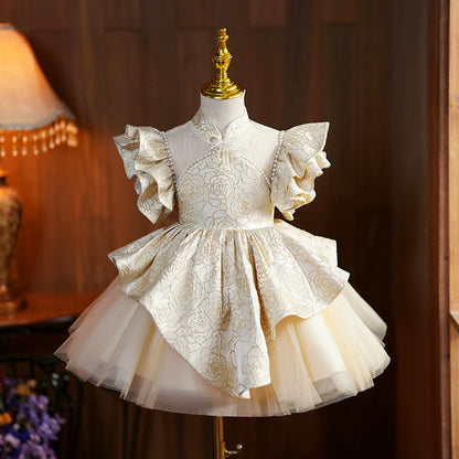 Princess Champagne Satin Back Zip Baptism Beaded Tea Length Short Sleeve Flutter Sleeve Mock Neck Flower Girl Dress