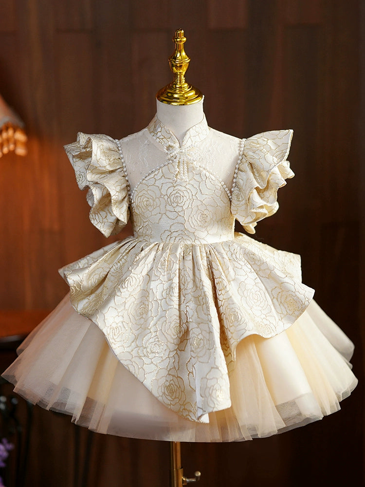 Princess Champagne Satin Back Zip Baptism Beaded Tea Length Short Sleeve Flutter Sleeve Mock Neck Flower Girl Dress