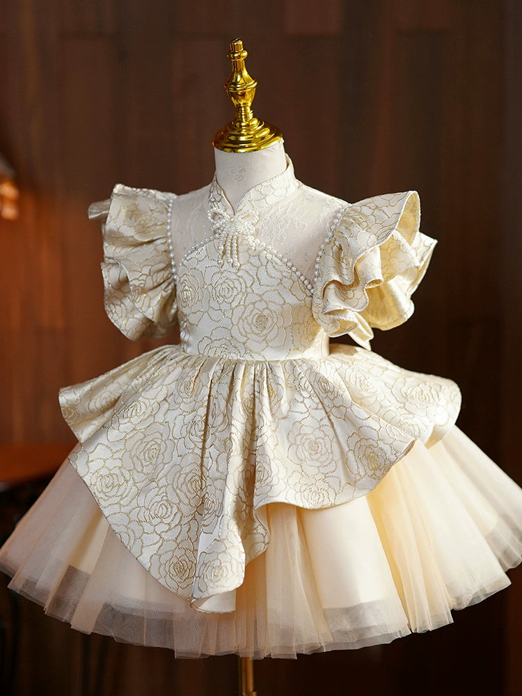 Princess Champagne Satin Back Zip Baptism Beaded Tea Length Short Sleeve Flutter Sleeve Mock Neck Flower Girl Dress