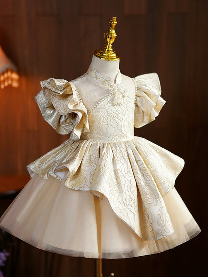 Princess Champagne Satin Back Zip Baptism Beaded Tea Length Short Sleeve Flutter Sleeve Mock Neck Flower Girl Dress