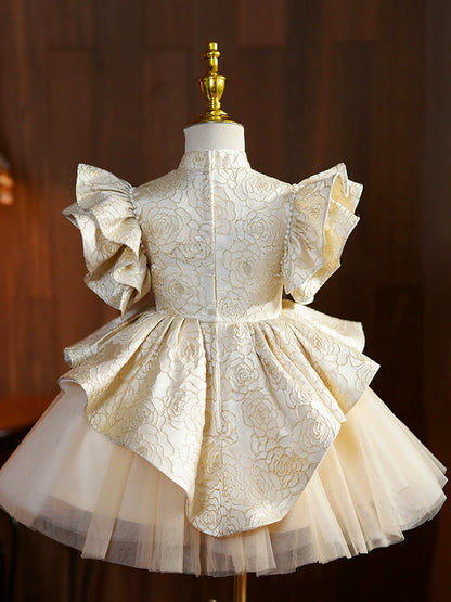 Princess Champagne Satin Back Zip Baptism Beaded Tea Length Short Sleeve Flutter Sleeve Mock Neck Flower Girl Dress