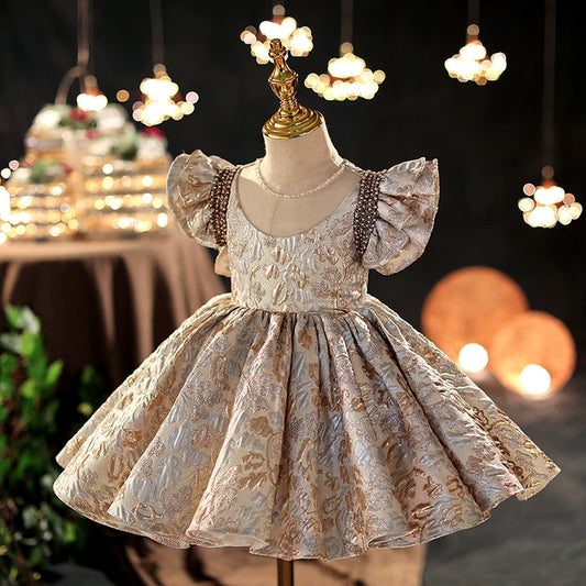 Princess Champagne Satin Back Zip Baptism Beaded Tea Length Short Sleeve Flutter Sleeve Round Flower Girl Dress