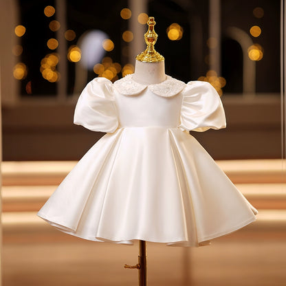 Princess Champagne Satin Back Zip Baptism Lace Tea Length Short Sleeve Puff Sleeve Collared Neck Flower Girl Dress