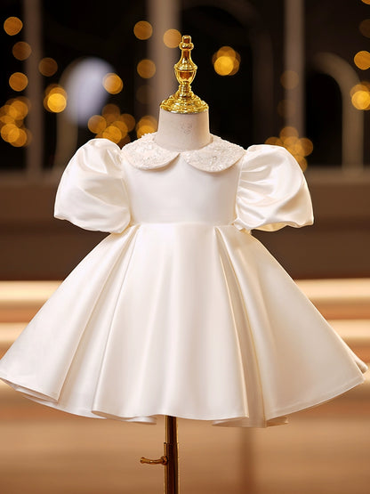 Princess Champagne Satin Back Zip Baptism Lace Tea Length Short Sleeve Puff Sleeve Collared Neck Flower Girl Dress