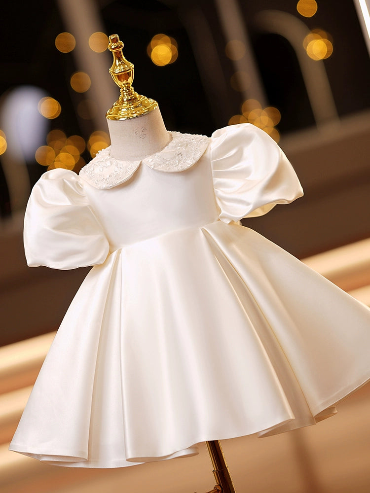 Princess Champagne Satin Back Zip Baptism Lace Tea Length Short Sleeve Puff Sleeve Collared Neck Flower Girl Dress