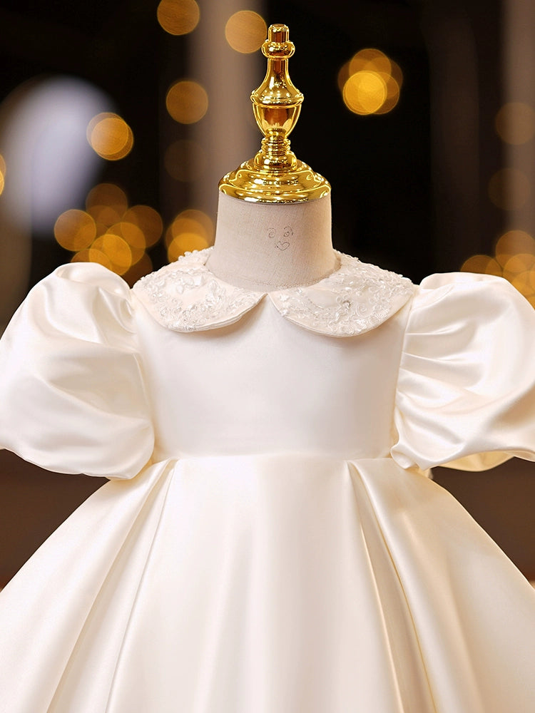 Princess Champagne Satin Back Zip Baptism Lace Tea Length Short Sleeve Puff Sleeve Collared Neck Flower Girl Dress