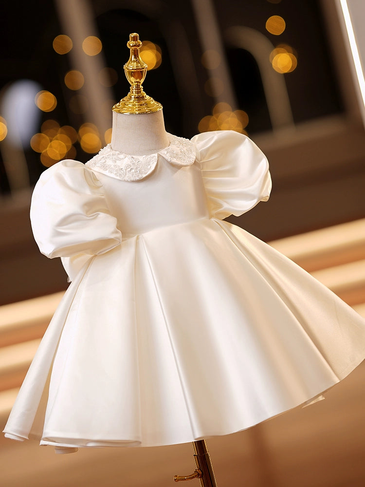 Princess Champagne Satin Back Zip Baptism Lace Tea Length Short Sleeve Puff Sleeve Collared Neck Flower Girl Dress