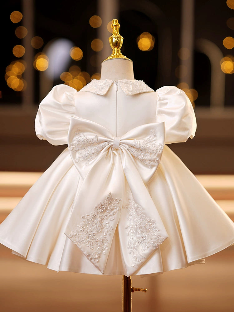 Princess Champagne Satin Back Zip Baptism Lace Tea Length Short Sleeve Puff Sleeve Collared Neck Flower Girl Dress