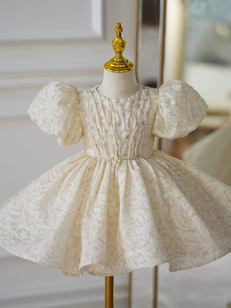 Princess Champagne Satin Back Zip Baptism Sequins Tea Length Short Sleeve Puff Sleeve Round Flower Girl Dress