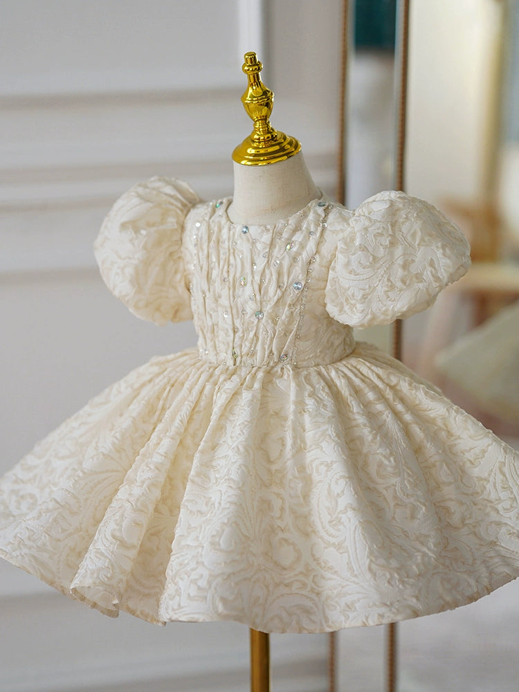 Princess Champagne Satin Back Zip Baptism Sequins Tea Length Short Sleeve Puff Sleeve Round Flower Girl Dress