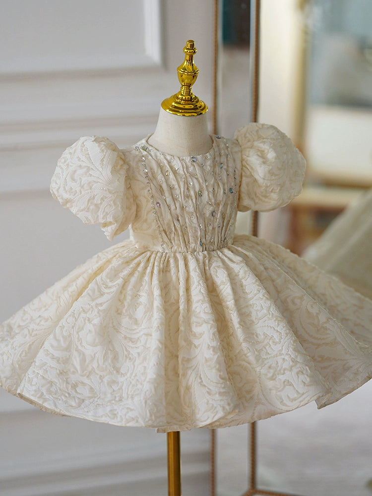 Princess Champagne Satin Back Zip Baptism Sequins Tea Length Short Sleeve Puff Sleeve Round Flower Girl Dress