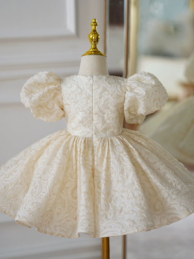 Princess Champagne Satin Back Zip Baptism Sequins Tea Length Short Sleeve Puff Sleeve Round Flower Girl Dress