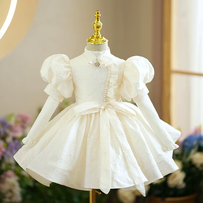 Princess Champagne Satin Baptism Beaded Tea Length Short Sleeve Puff Sleeve Mock Neck Flower Girl Dress