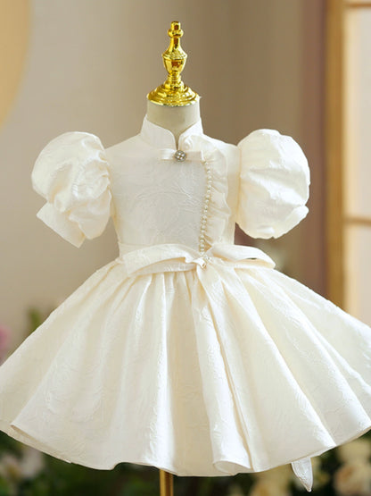 Princess Champagne Satin Baptism Beaded Tea Length Short Sleeve Puff Sleeve Mock Neck Flower Girl Dress