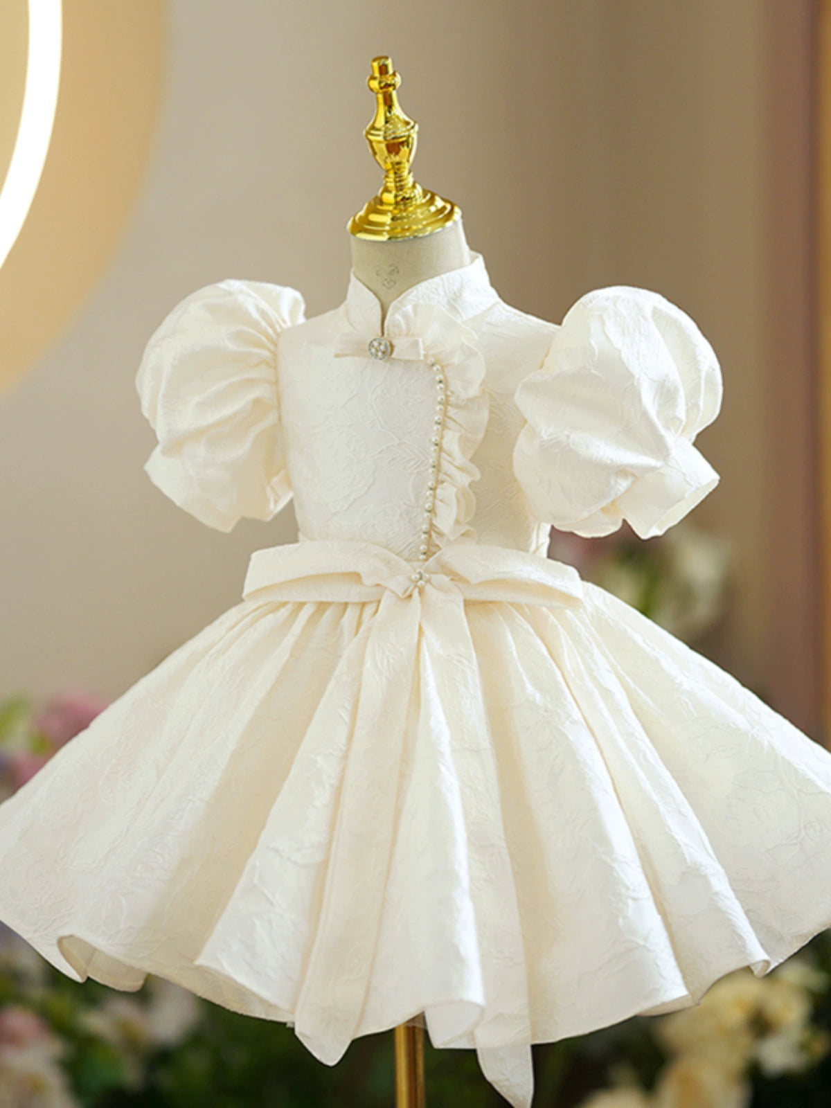 Princess Champagne Satin Baptism Beaded Tea Length Short Sleeve Puff Sleeve Mock Neck Flower Girl Dress