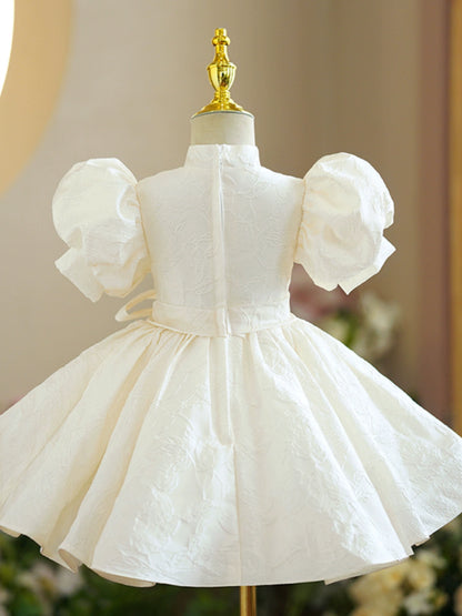 Princess Champagne Satin Baptism Beaded Tea Length Short Sleeve Puff Sleeve Mock Neck Flower Girl Dress