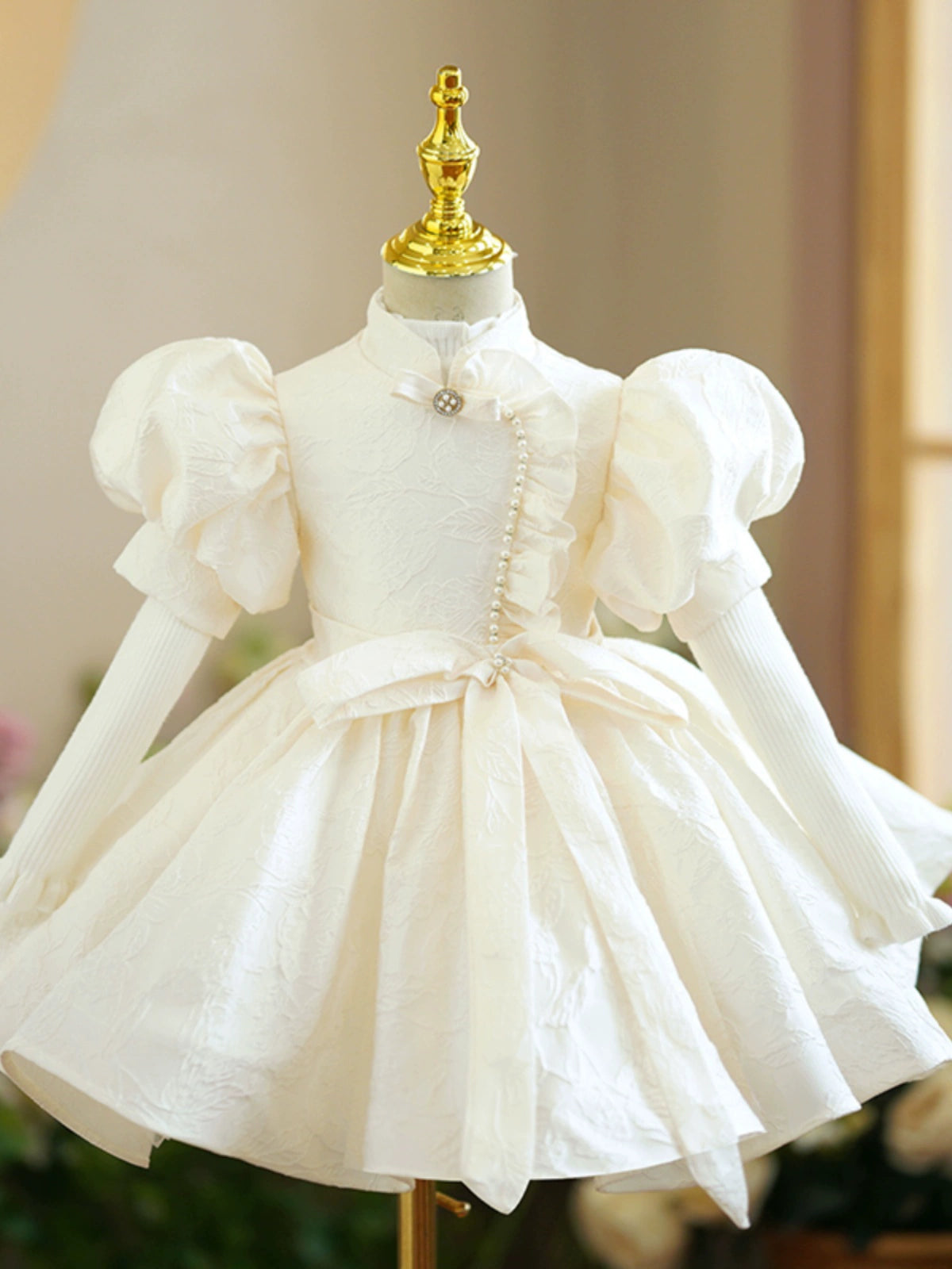 Princess Champagne Satin Baptism Beaded Tea Length Short Sleeve Puff Sleeve Mock Neck Flower Girl Dress