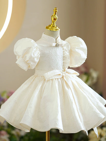 Princess Champagne Satin Baptism Beaded Tea Length Short Sleeve Puff Sleeve Mock Neck Flower Girl Dress