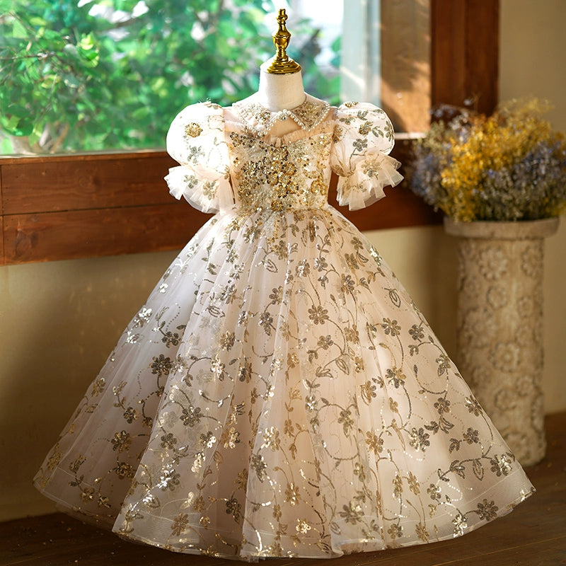 Princess Champagne Sequined Back Zip Baptism Lace Floor Length Short Sleeve Puff Sleeve Collared Neck Flower Girl Dress