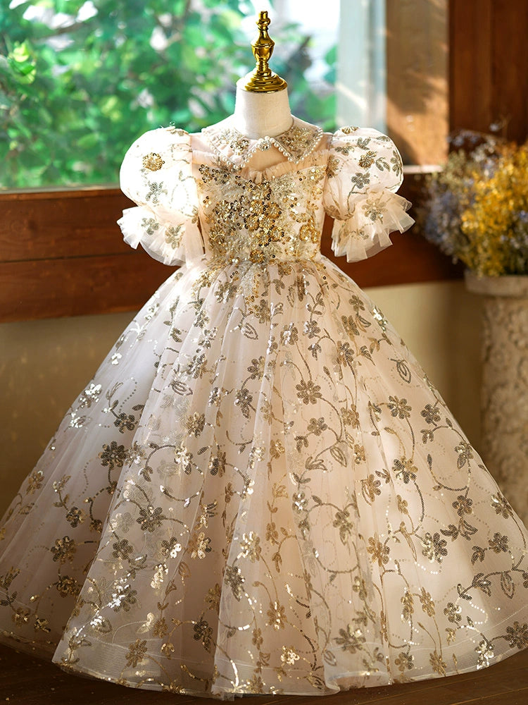 Princess Champagne Sequined Back Zip Baptism Lace Floor Length Short Sleeve Puff Sleeve Collared Neck Flower Girl Dress