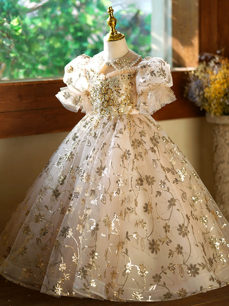 Princess Champagne Sequined Back Zip Baptism Lace Floor Length Short Sleeve Puff Sleeve Collared Neck Flower Girl Dress