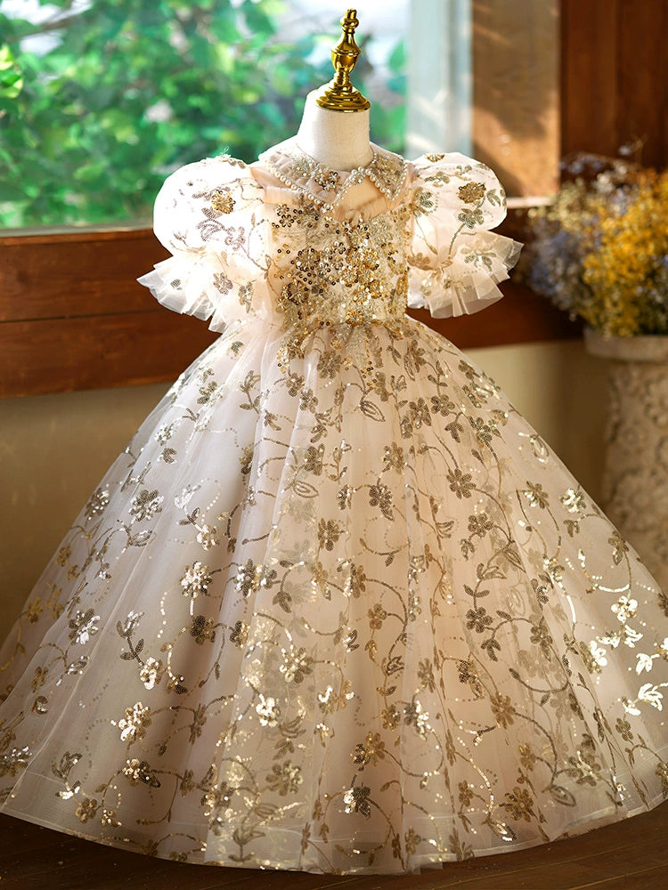 Princess Champagne Sequined Back Zip Baptism Lace Floor Length Short Sleeve Puff Sleeve Collared Neck Flower Girl Dress