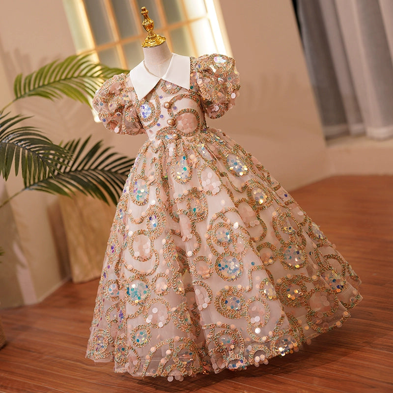 Princess Champagne Sequined Back Zip Baptism Lace Floor Length Short Sleeve Puff Sleeve Collared Neck Flower Girl Dress