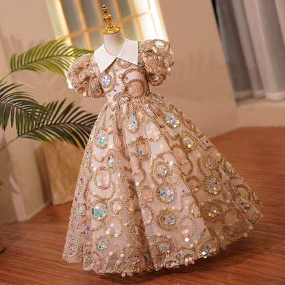 Princess Champagne Sequined Back Zip Baptism Lace Floor Length Short Sleeve Puff Sleeve Collared Neck Flower Girl Dress