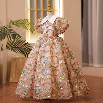 Princess Champagne Sequined Back Zip Baptism Lace Floor Length Short Sleeve Puff Sleeve Collared Neck Flower Girl Dress