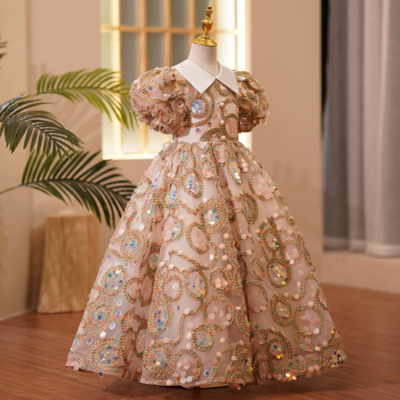 Princess Champagne Sequined Back Zip Baptism Lace Floor Length Short Sleeve Puff Sleeve Collared Neck Flower Girl Dress