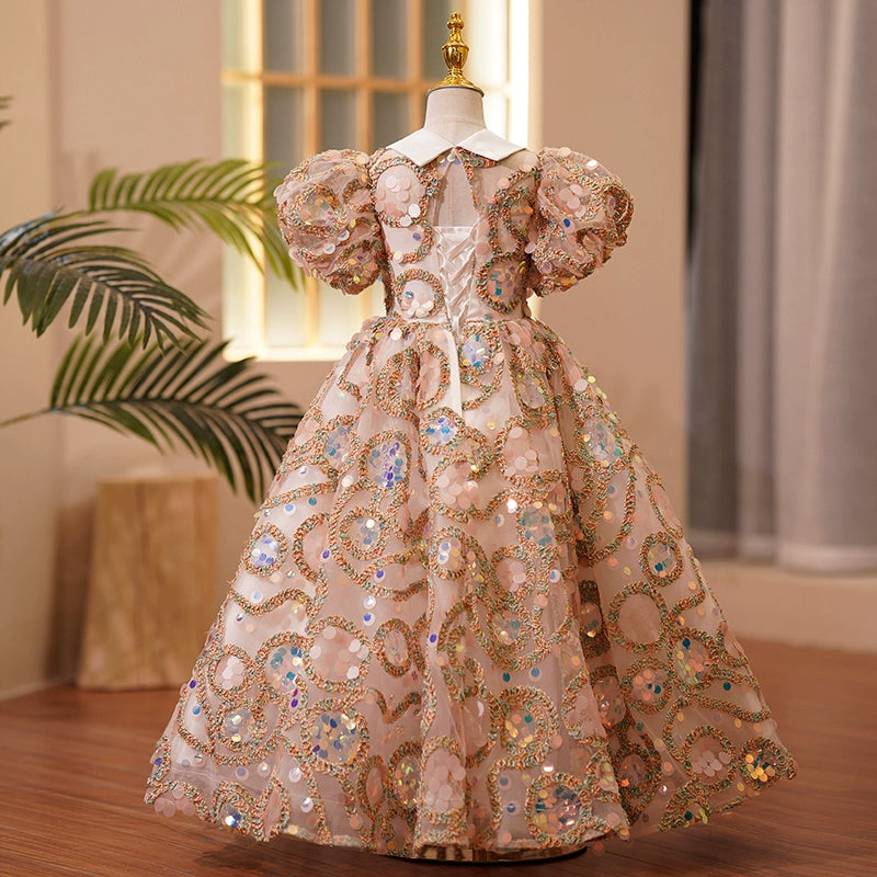 Princess Champagne Sequined Back Zip Baptism Lace Floor Length Short Sleeve Puff Sleeve Collared Neck Flower Girl Dress