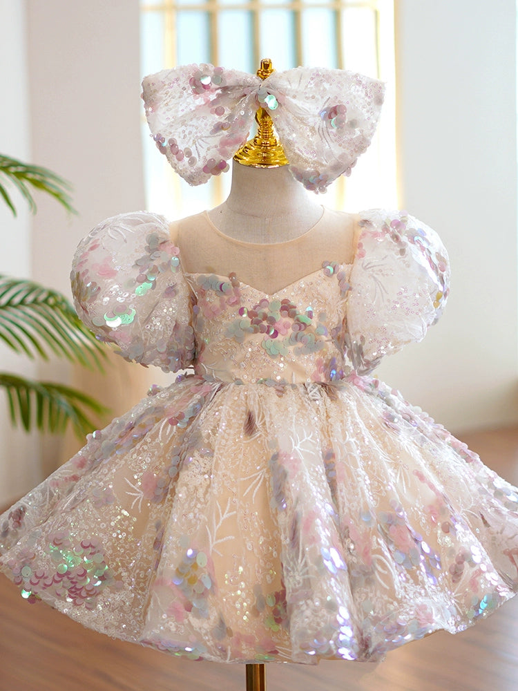 Princess Champagne Sequined Back Zip Baptism Lace Tea Length Short Sleeve Lantern Sleeve Round Flower Girl Dress