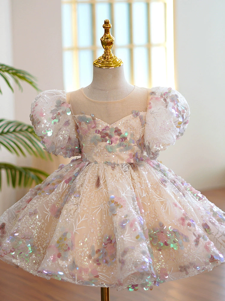 Princess Champagne Sequined Back Zip Baptism Lace Tea Length Short Sleeve Lantern Sleeve Round Flower Girl Dress