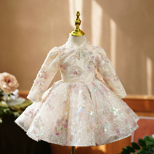 Princess Champagne Sequined Back Zip Baptism Sequin Tea Length Long Sleeve Mock Neck Flower Girl Dress