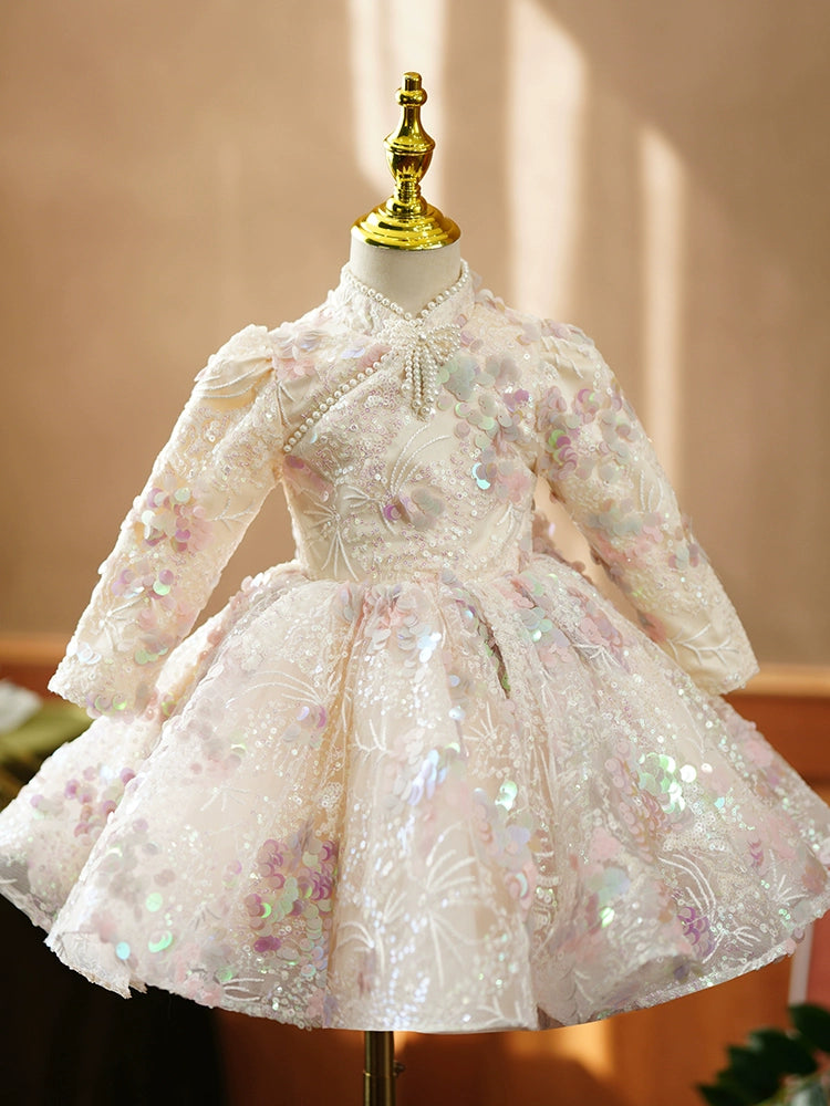 Princess Champagne Sequined Back Zip Baptism Sequin Tea Length Long Sleeve Mock Neck Flower Girl Dress