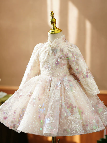 Princess Champagne Sequined Back Zip Baptism Sequin Tea Length Long Sleeve Mock Neck Flower Girl Dress