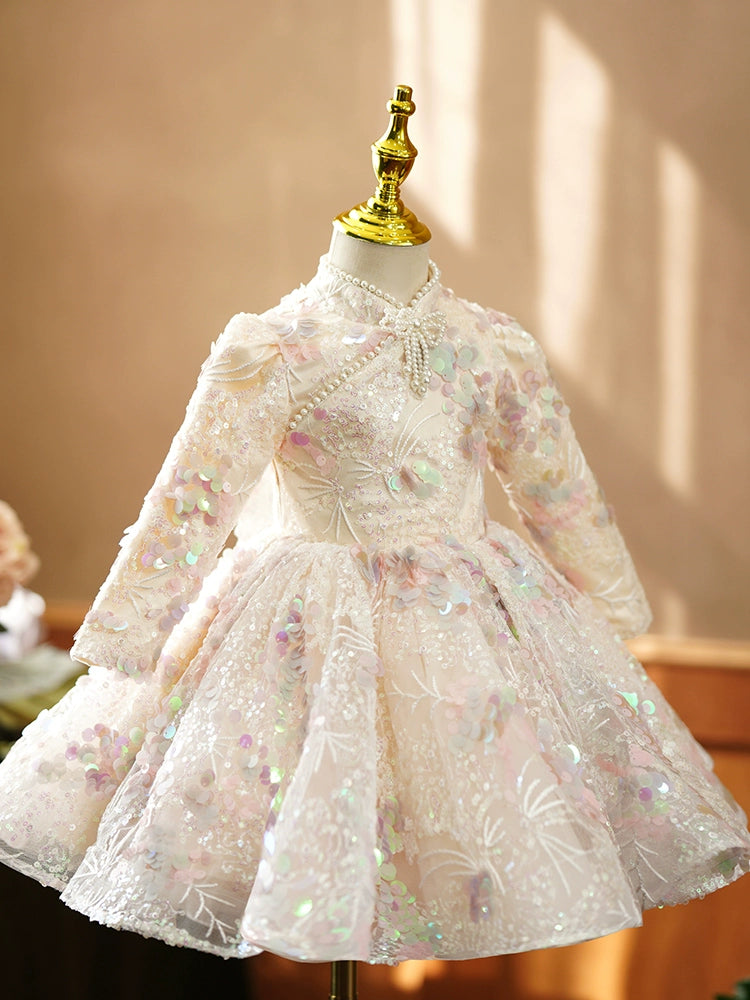 Princess Champagne Sequined Back Zip Baptism Sequin Tea Length Long Sleeve Mock Neck Flower Girl Dress