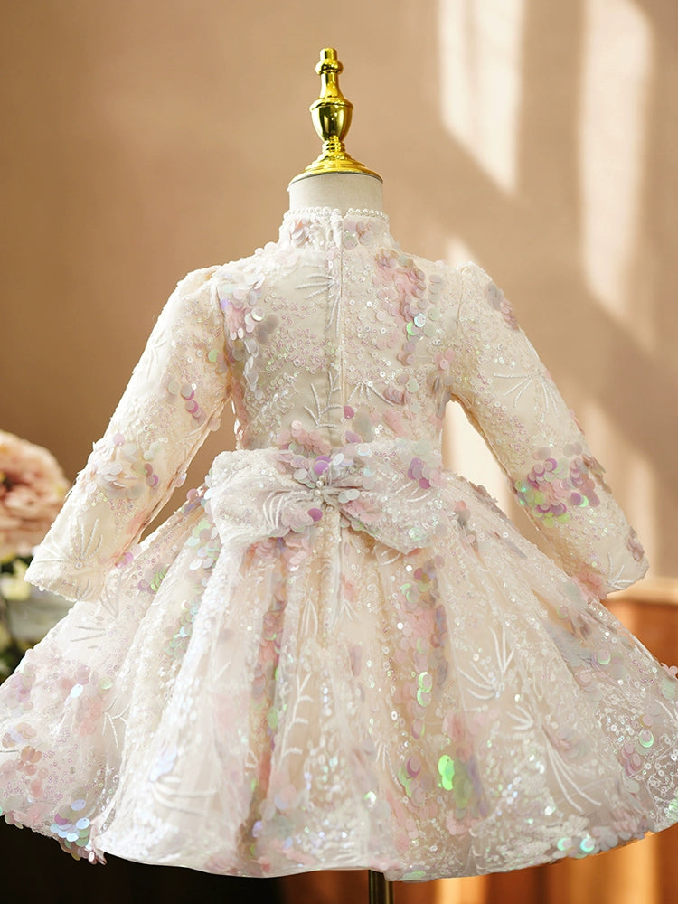 Princess Champagne Sequined Back Zip Baptism Sequin Tea Length Long Sleeve Mock Neck Flower Girl Dress