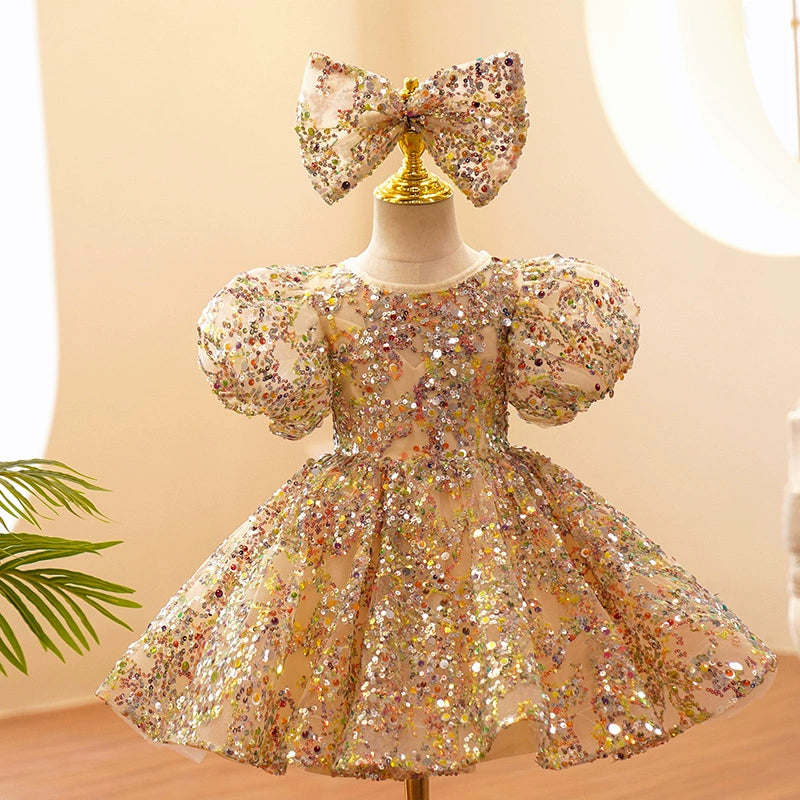 Princess Champagne Sequined Back Zip Baptism Sequin Tea Length Short Sleeve Lantern Sleeve Jewel Neck Flower Girl Dress