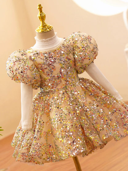 Princess Champagne Sequined Back Zip Baptism Sequin Tea Length Short Sleeve Lantern Sleeve Jewel Neck Flower Girl Dress