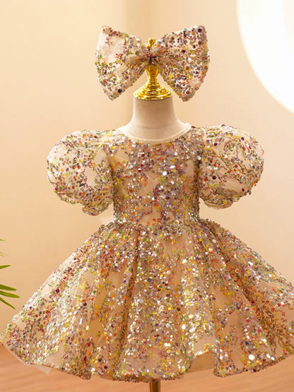 Princess Champagne Sequined Back Zip Baptism Sequin Tea Length Short Sleeve Lantern Sleeve Jewel Neck Flower Girl Dress