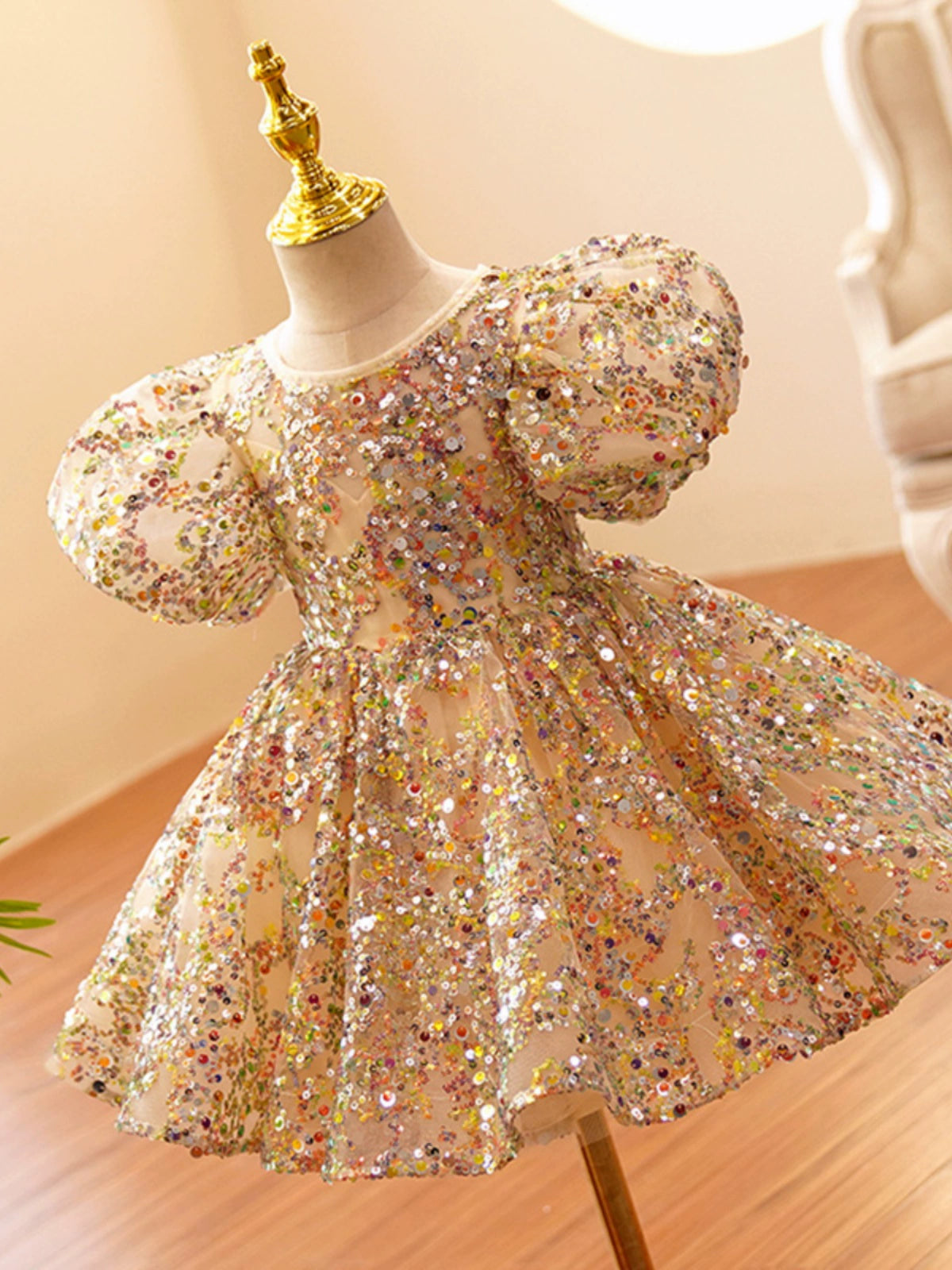 Princess Champagne Sequined Back Zip Baptism Sequin Tea Length Short Sleeve Lantern Sleeve Jewel Neck Flower Girl Dress