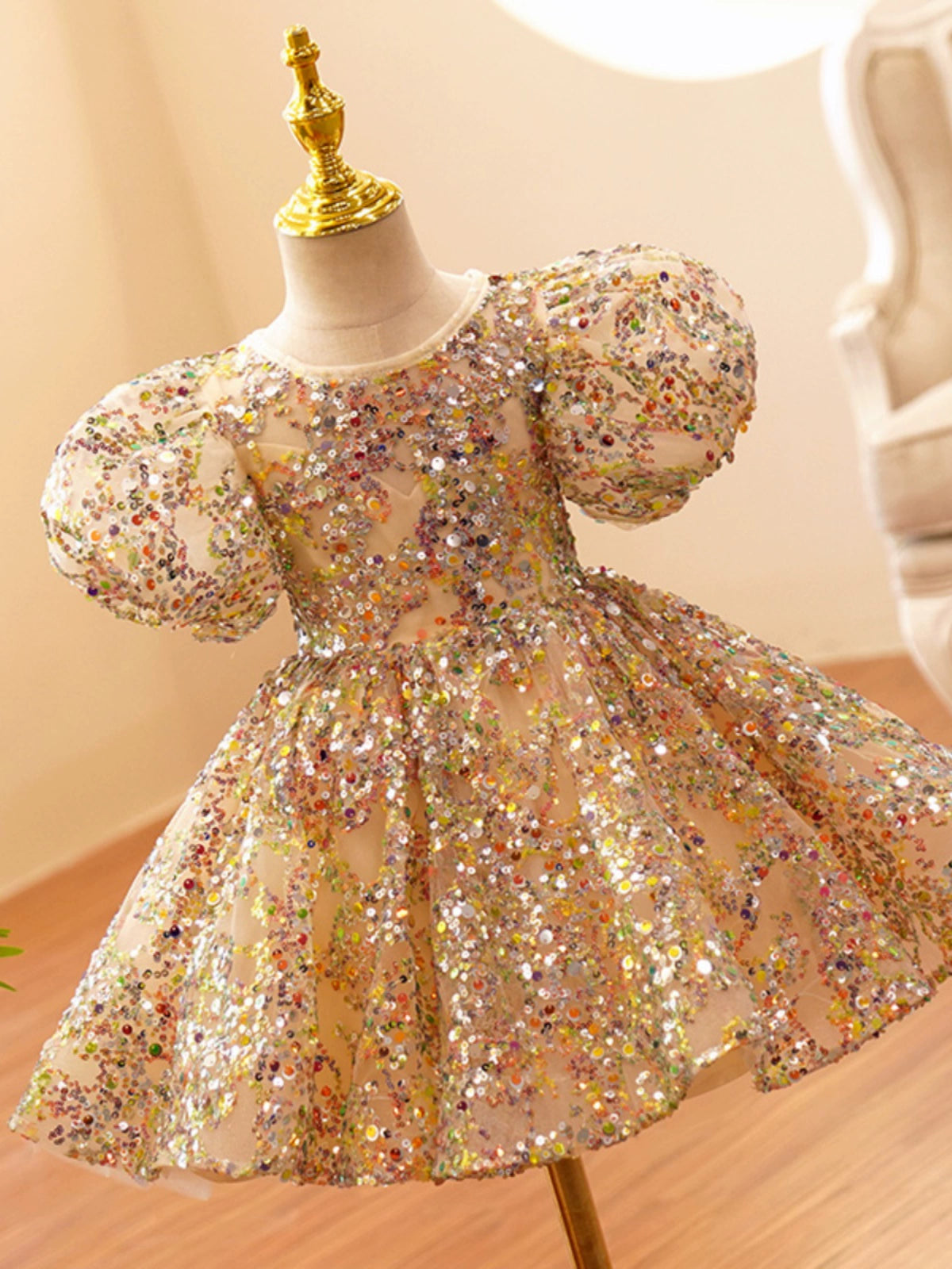 Princess Champagne Sequined Back Zip Baptism Sequin Tea Length Short Sleeve Lantern Sleeve Jewel Neck Flower Girl Dress