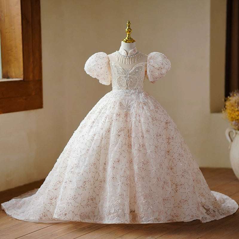 Princess Champagne Sequined Crossed Straps Baptism Beaded Floor Length Short Sleeve Puff Sleeve Mock Neck Flower Girl Dress