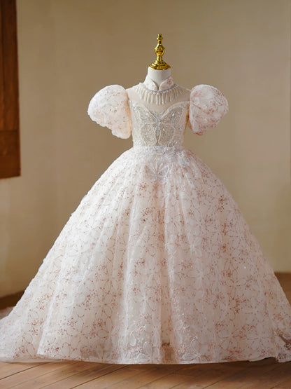 Princess Champagne Sequined Crossed Straps Baptism Beaded Floor Length Short Sleeve Puff Sleeve Mock Neck Flower Girl Dress