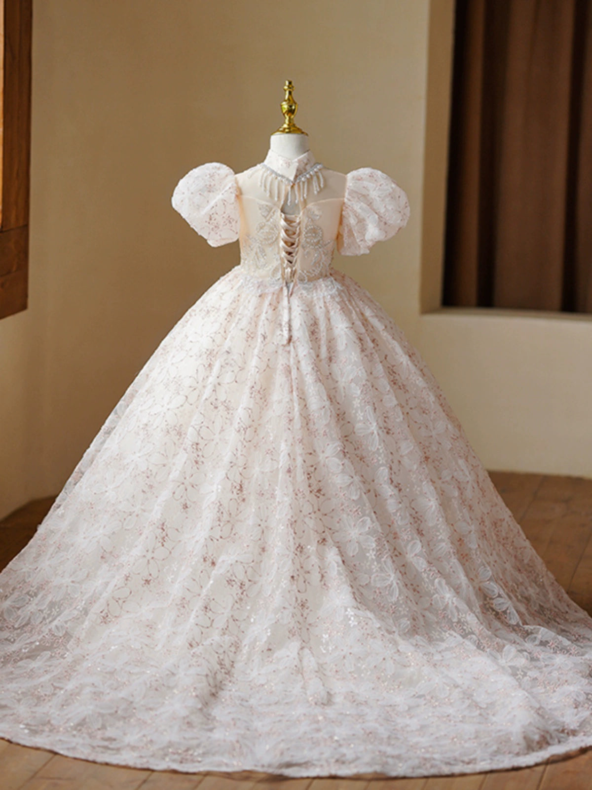 Princess Champagne Sequined Crossed Straps Baptism Beaded Floor Length Short Sleeve Puff Sleeve Mock Neck Flower Girl Dress