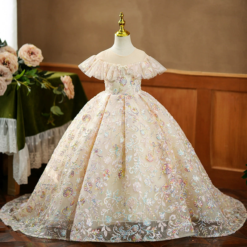 Princess Champagne Sequined Crossed Straps Baptism Beaded Floor Length Sleeveless Cap Sleeve Round Flower Girl Dress