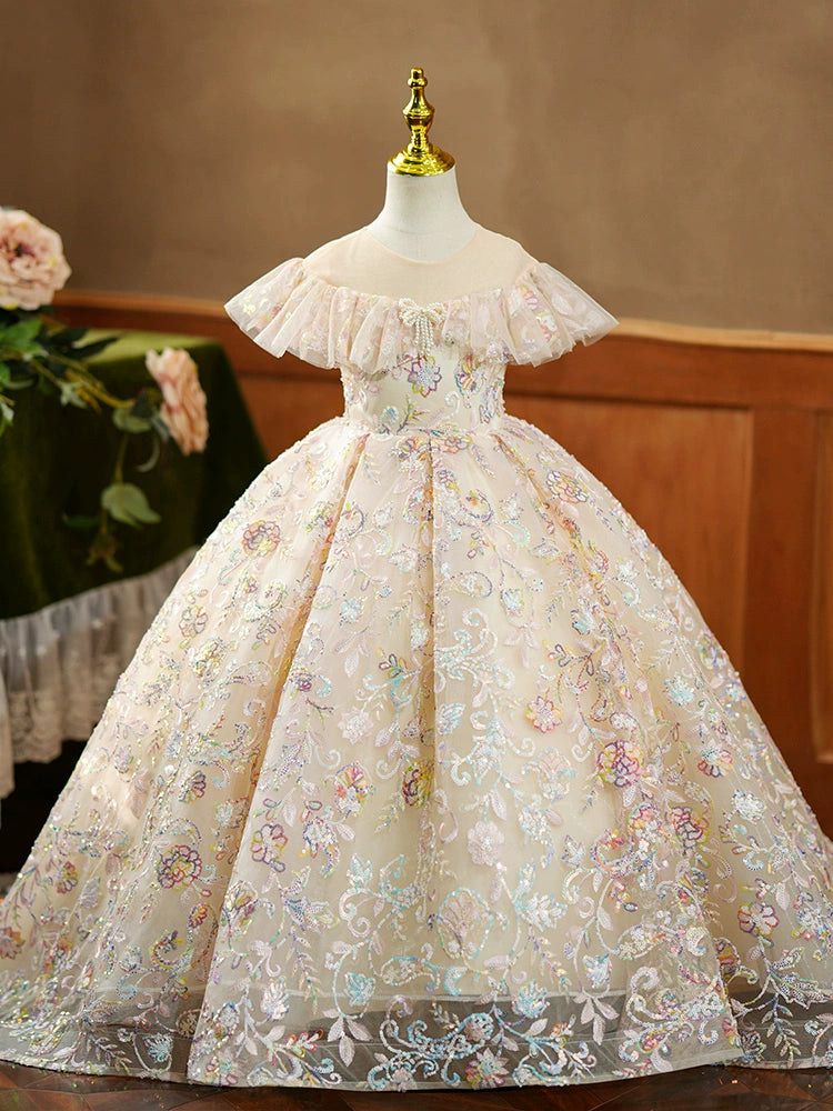 Princess Champagne Sequined Crossed Straps Baptism Beaded Floor Length Sleeveless Cap Sleeve Round Flower Girl Dress