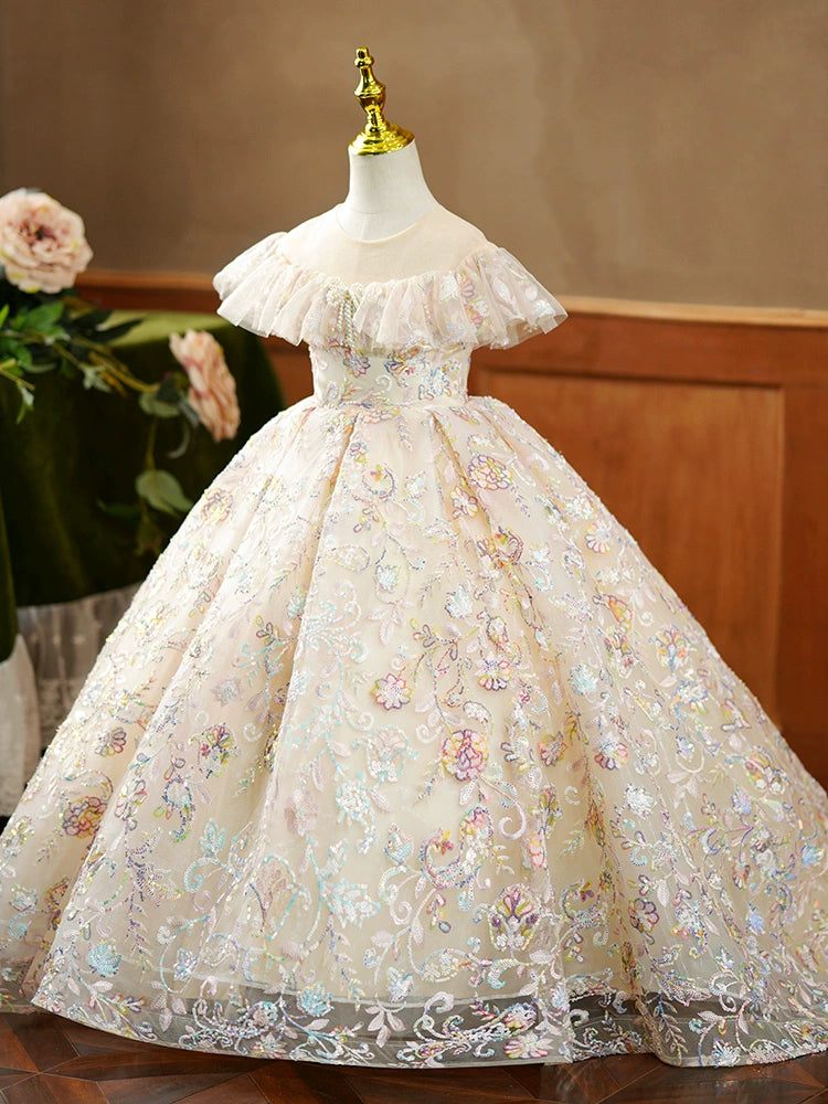 Princess Champagne Sequined Crossed Straps Baptism Beaded Floor Length Sleeveless Cap Sleeve Round Flower Girl Dress