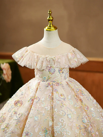 Princess Champagne Sequined Crossed Straps Baptism Beaded Floor Length Sleeveless Cap Sleeve Round Flower Girl Dress